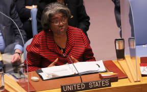 NEW YORK, NEW YORK - MARCH 11: Members of the U.N. Security Council listen as Linda Thomas-Greenfield, United States Ambassador to the United Nations speaks during the U.N. Security Council meeting