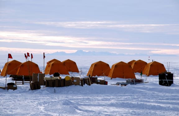A tent camp at a lake drilling project in Antarctica.