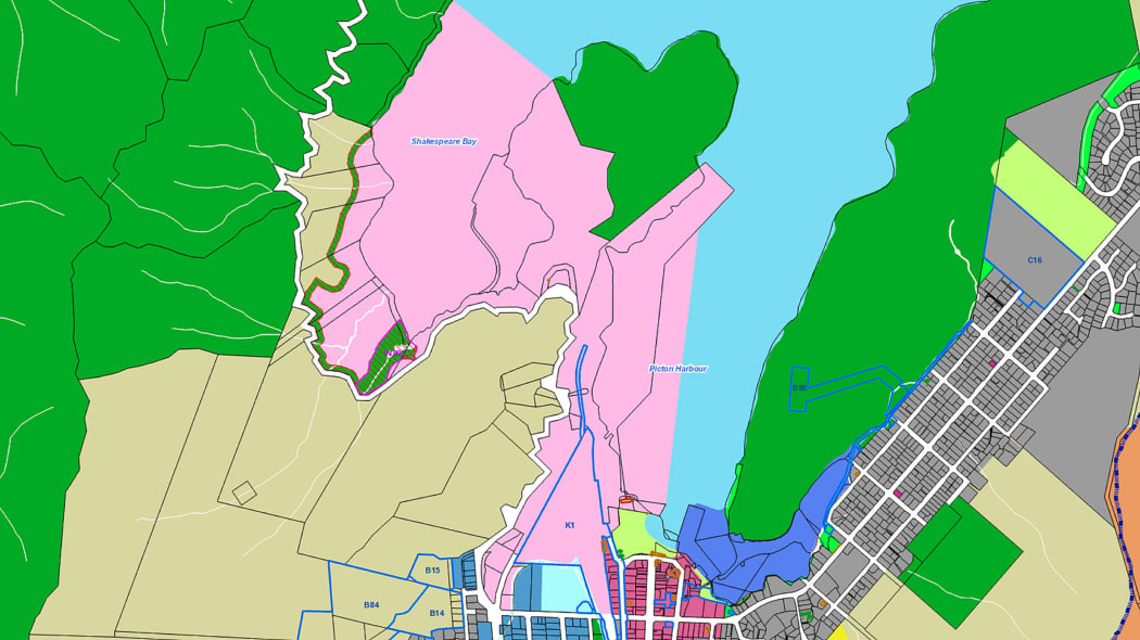 The port zone in Picton, pink, extends from the town's foreshore to Shakespeare Bay. It is said to be an unsuitable area for campers.