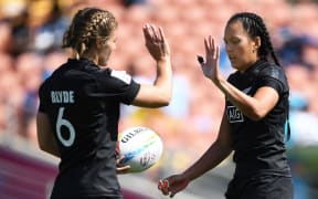 New Zealand's Michaela Blyde celebrates her try with Tyla Nathan-Wong on Day 2 of the HSBC New Zealand Sevens at FMG Stadium in Hamilton. Sunday 26 January 2020. © image by Andrew Cornaga / www.Photosport.nz