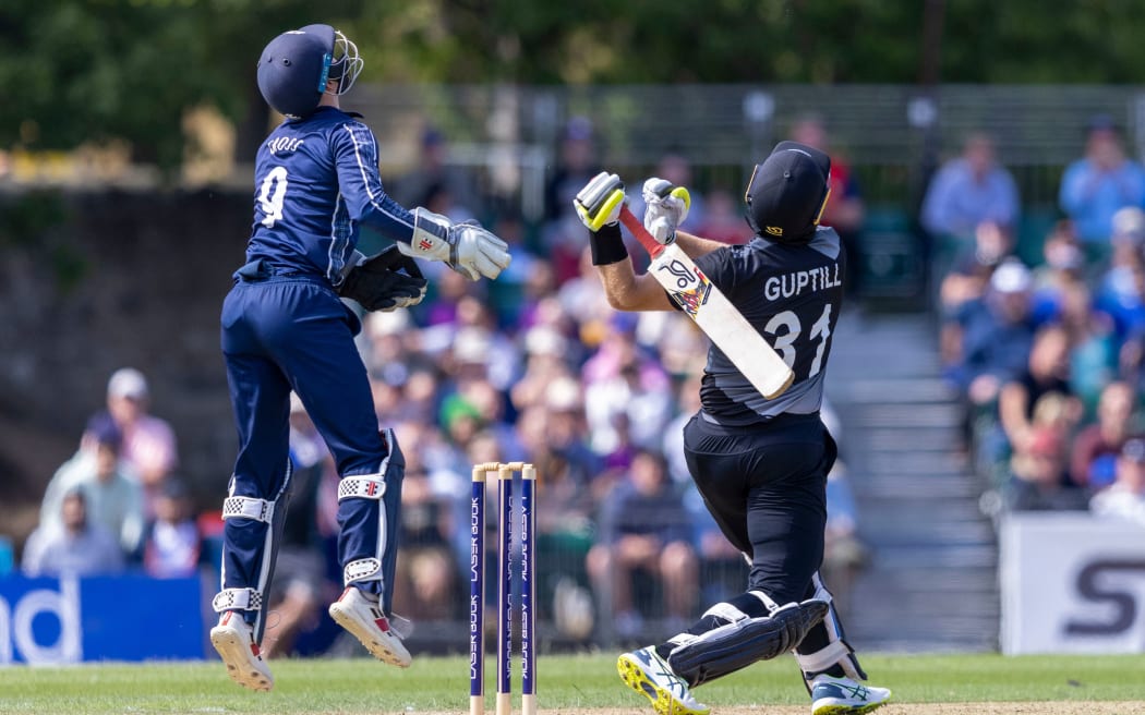 Martin Guptill of New Zealand in action against Scotland 2022.
