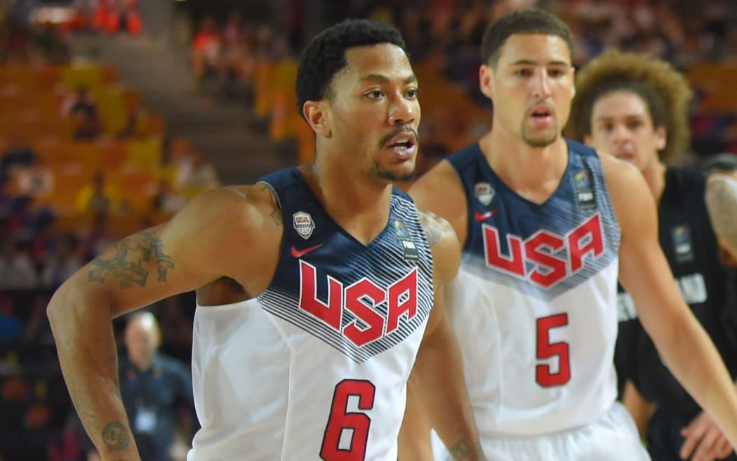 Team USA basketball players Derrick Rose and Klay Thompson.