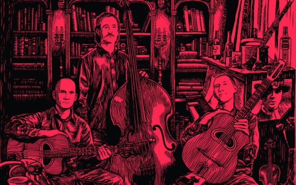 A stylised portrait of three musicians using only red and black