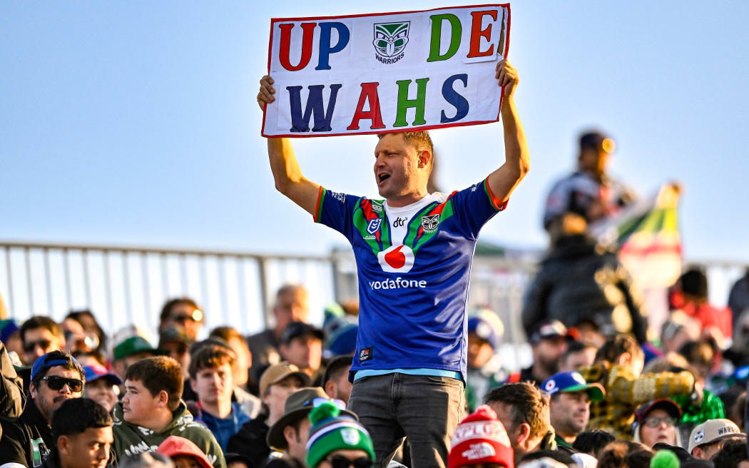 Fan holds up his sign. NZ Warriors v Newcastle Knights - NRL Premiership Finals Week 2 game at Go Media Stadium, Mt Smart, Auckland, New Zealand on Saturday 16 September 2023. Mandatory credit: Alan Lee / www.photosport.nz