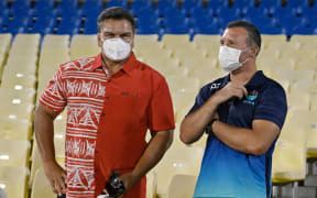 Sir Michael Jones with head coach Aaron Mauger. Moana Pasifika.