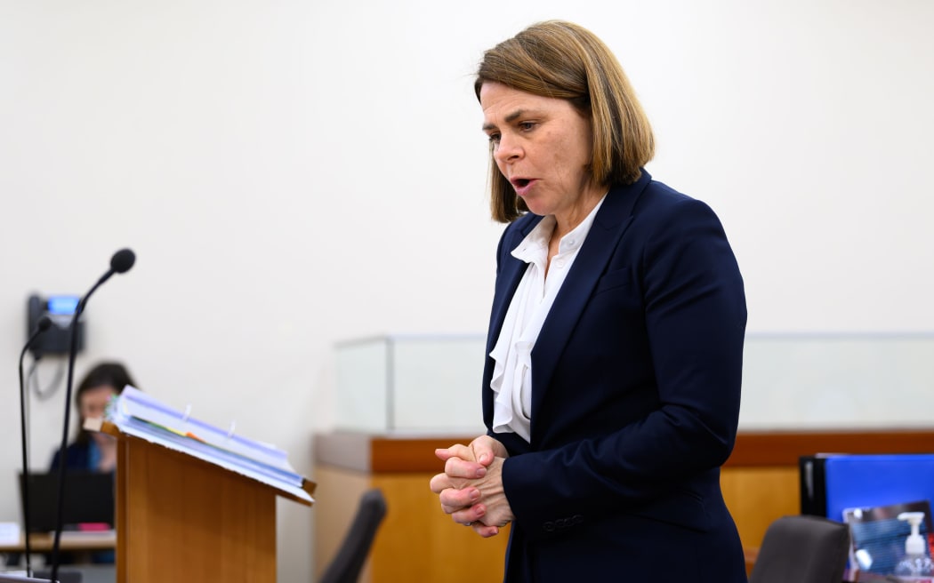 Crown prosecutor Kerry White speaks during the trial of Gloriavale’s overseeing shepherd Howard Temple at Greymouth District Court on multiple counts of committing an indecent act on a young person and of indecent assault.