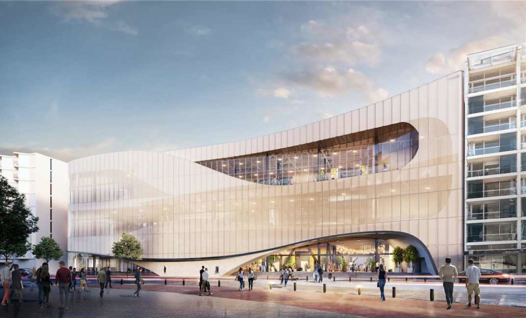 An artist's impression of the Wellington Convention Centre as viewed from the entrance to Te Papa.