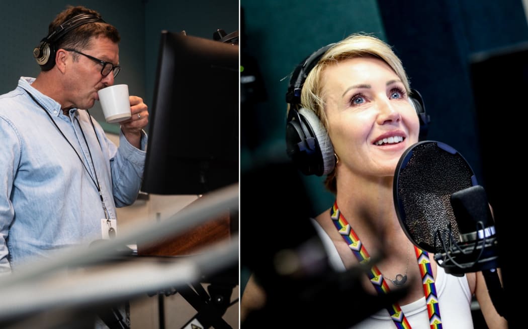 Two images of a man and a woman, compiled next to each other. The man is of average build, with brown hair and a moustache, drinking coffee, the woman has blonde short hair and is mid speech.
