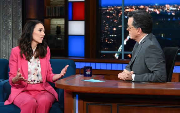 Jacinda Ardern appears on The Late Show with Stephen Colbert as part of her 2022 US trip.