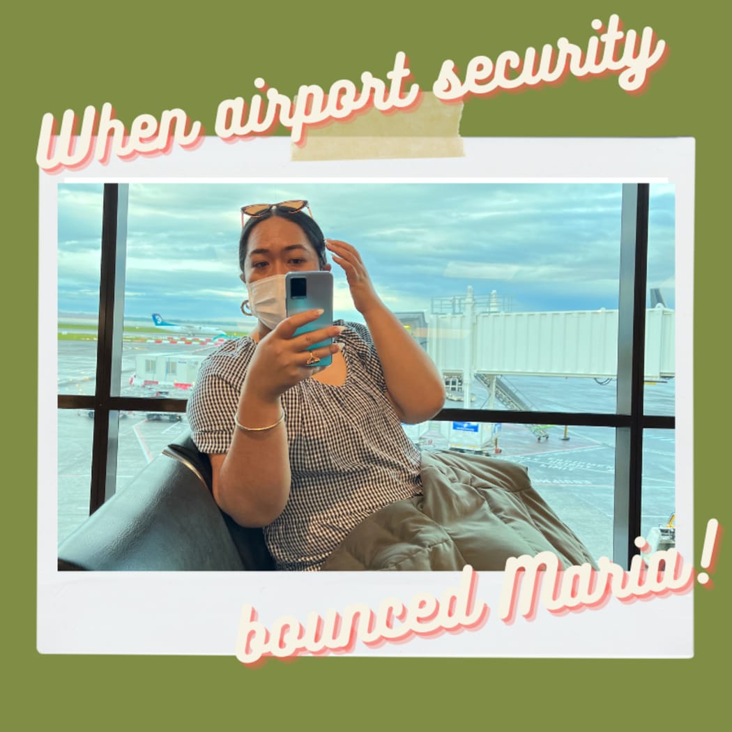 An image of one of the hosts, Maria, sitting in an airport, captioned with the words, "When airport security bounced Maria!"
