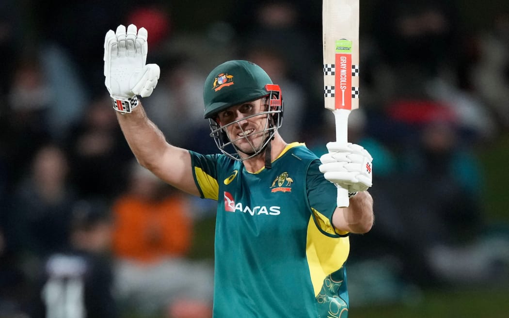 Mitchell Marsh captain of Australia celebrates 100 runs during the Chappell–Hadlee T20I Series.