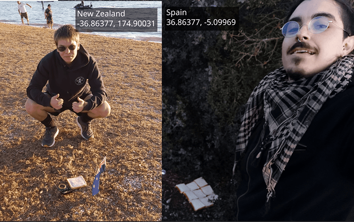 Etienne Naude and his counterpart in Spain make an earth sandwich.