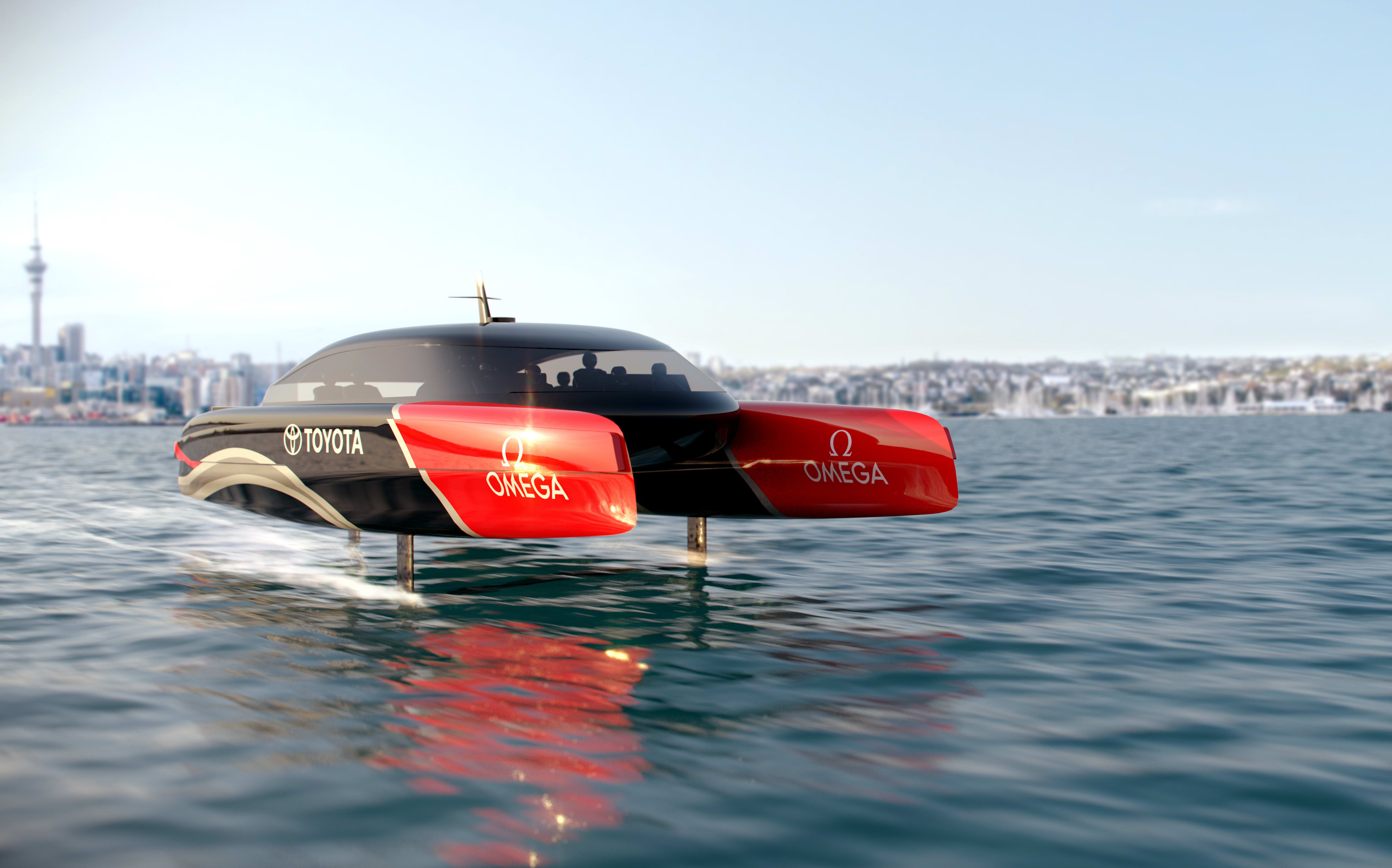 A view of the proposed hydrogen powered America's Cup chase boat from the front.