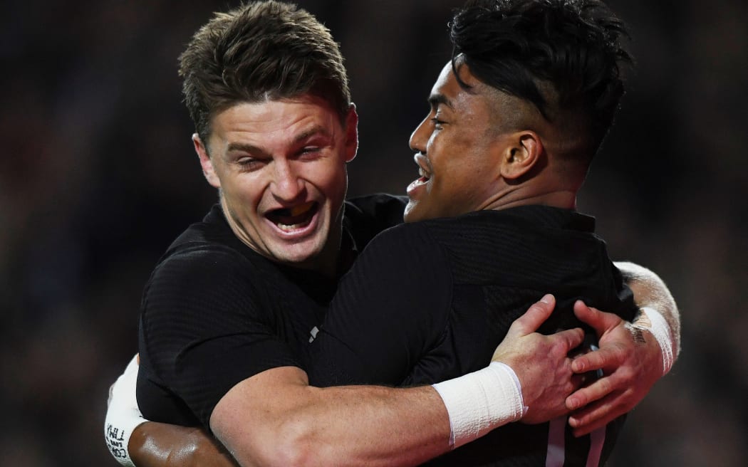 Beauden Barrett congratulates on scoring for the All Blacks against Argentina.