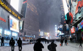 Broadway blanketed in snow.