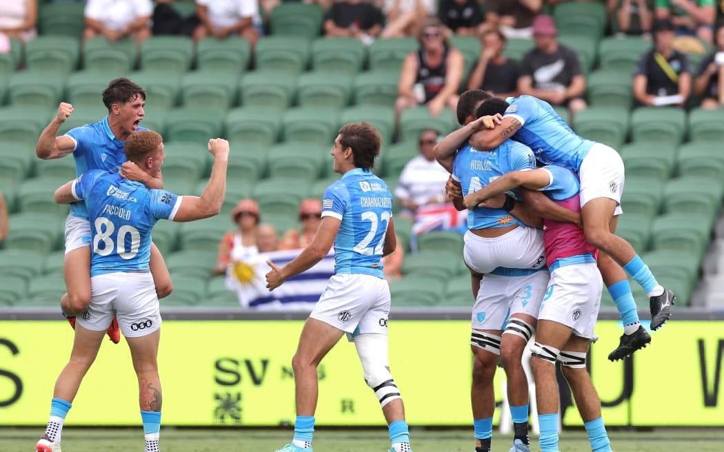 Uruguay celebrate after defeating New Zealand during the Rugby SVNS Series at HBF Park in Perth, Friday, January 24, 2025. ((AAP Image/Richard Wainwright/Photosport)