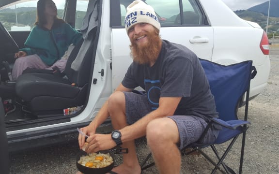 Freedom campers - Aaron Marshall from the United States in Nelson over Christmas.