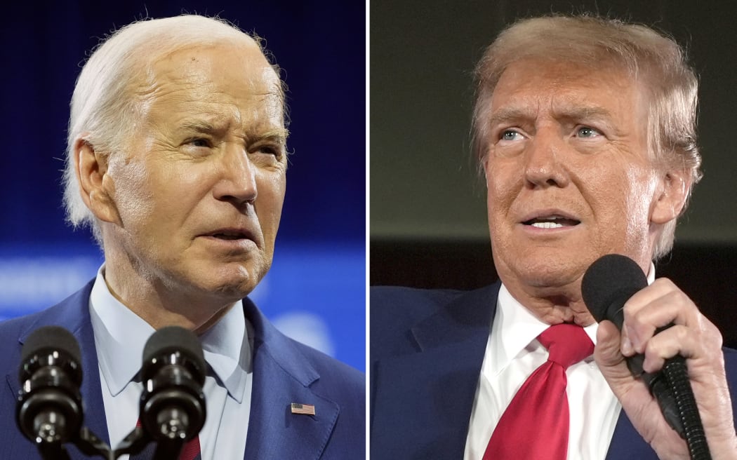 In this combination photo, President Joe Biden speaks May 2, 2024, in Wilmington, N.C., left, and Republican presidential candidate former President Donald Trump speaks at a campaign rally, May 1, 2024, in Waukesha, Wis.