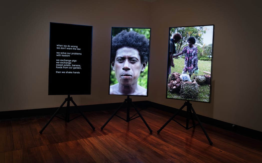 Remembering the Bougainville peace process in NZ and the country's future. Installation image of Taloi and Marilyn Havini's Shared Aspirations at Dunedin Public Art Gallery