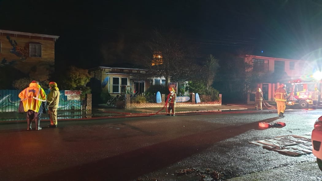 Fire damaged Bazil's Backpackers Hostel & Surf School in Russell Street, Westport.