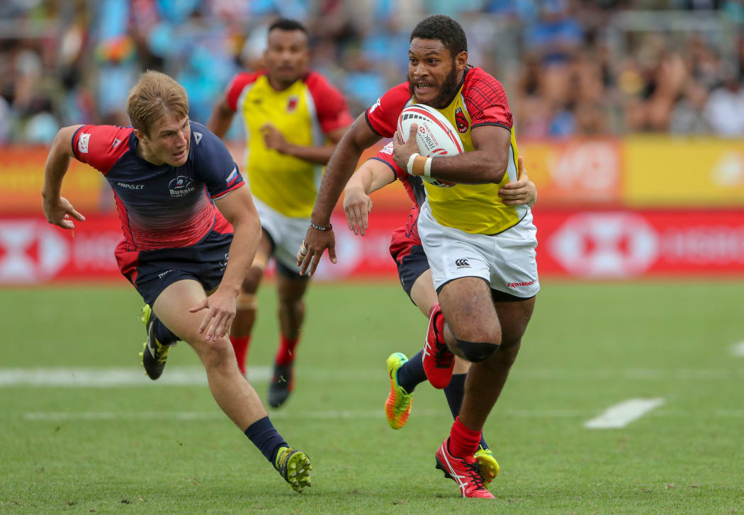 Papua New Guinea's Emmanuel Guise eyes the tryline during the 2018 Hamilton Sevens.