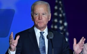 Democratic presidential nominee Joe Biden speaks during election night at the Chase Center in Wilmington, Delaware, early on November 4, 2020. -