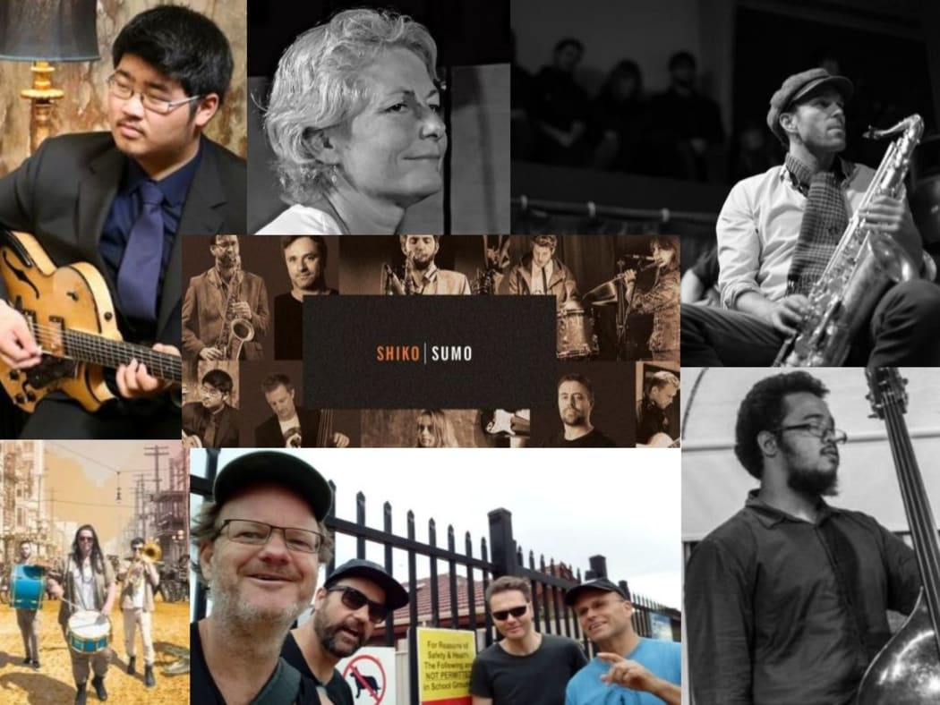 Clockwise from top left: Brad Kang / Anita Schwabe / Lucien Johnson / Umar Zakaria / Dog / The Richter City Rebels. Centre: Sumo Jazz