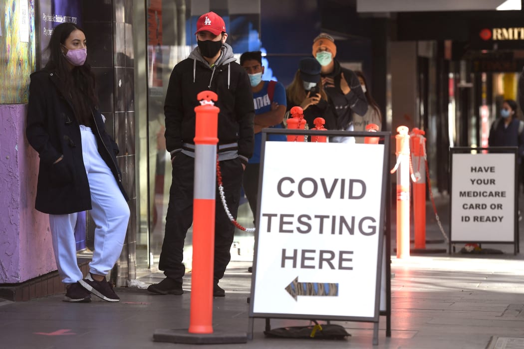 People queue up for Covid-19 testing in Melbourne on May 12, 2021.