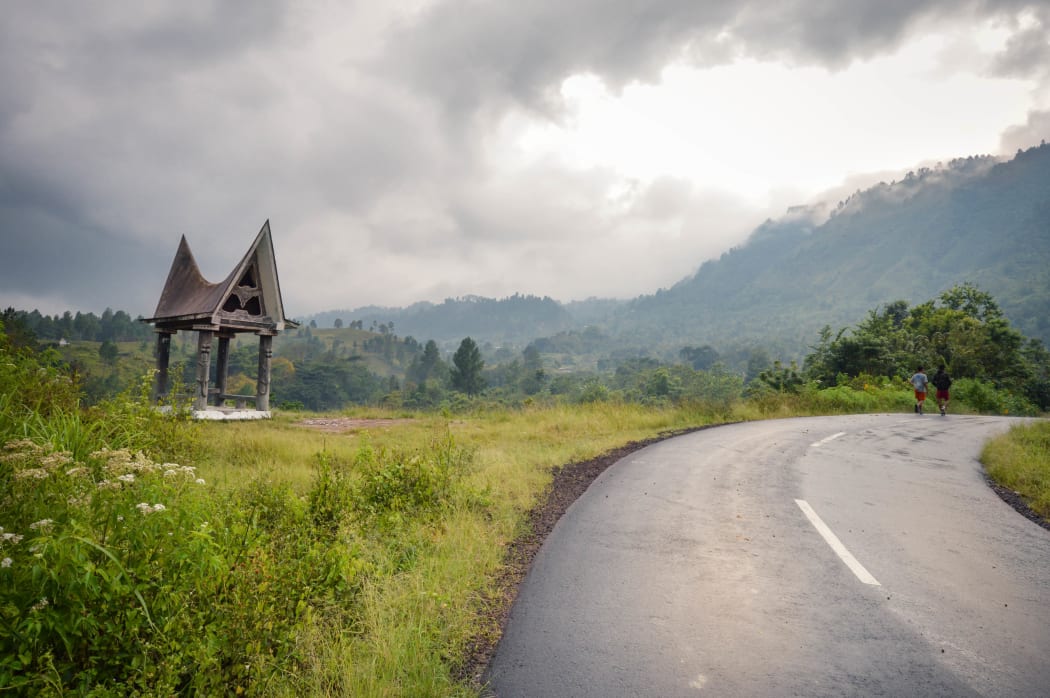 Beautiful panorama of roads and villages around Lake Toba in Samosir Island, North Sumatra, Indonesia