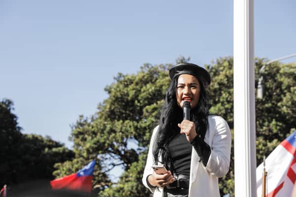 Te Pati Maori MP Hana-Rawhiti Maipi-Clarke speaks to a crowd of protestors at Parliament