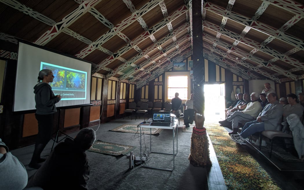 Dr Kura Paul-Burke presents the research project to local hapū in Pukehina/Maketu.