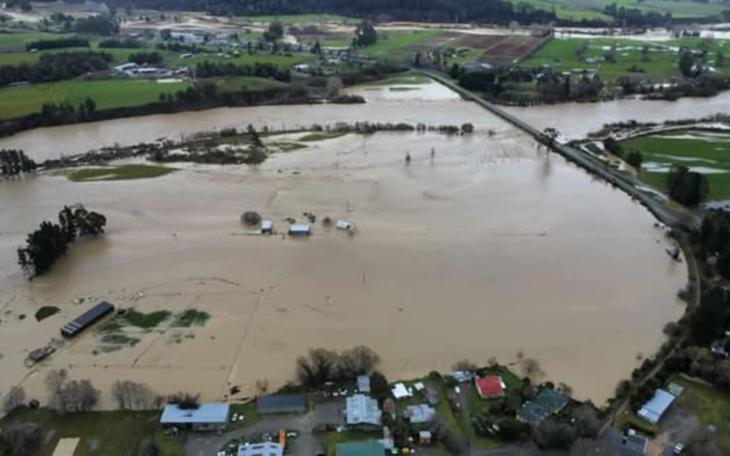 An aerial view of the flooding in Tapawera on the afternoon of 27 June 2025.