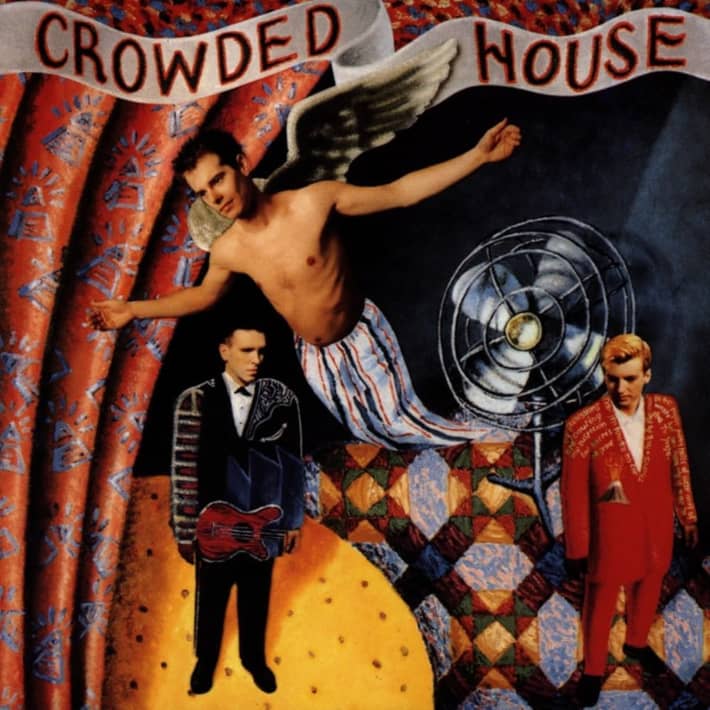Three men on a colourful album cover.