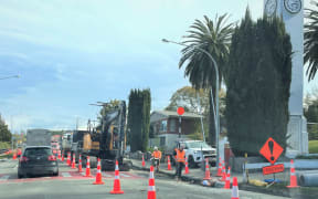 Road workers carry out water pipe maintenance and two raised crossings were being installed on State Highway 2 in September, 2023.