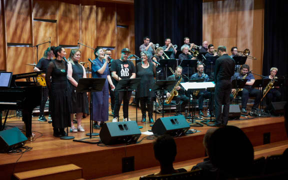 Ngā Reo Tīoriori performing with the Ara Music Big Band.
