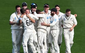New Zealand players celebratee as James Anderson of England is caught behind by Tom Blundell and New Zealand win the test match by one run.
New Zealand Black Caps v England. Day 5 of the second cricket test at the Basin Reserve, Wellington, New Zealand. Feb 28, 2023. ( Andrew Cornaga / Photosport )