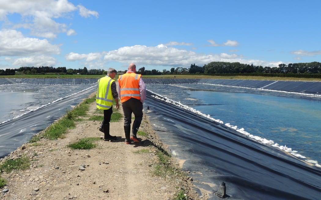 Carterton District Council chief executive Geoff Hamilton and infrastructure, services, and regulatory manager Dave Gittings walking between two wastewater ponds.