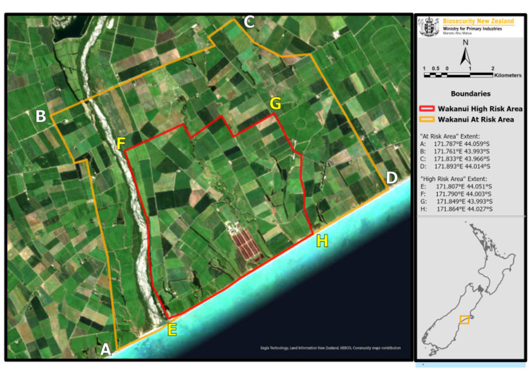 The Controlled Area Notice defines two areas in Wakanui – a high-risk area (red) and at-risk area (orange).
