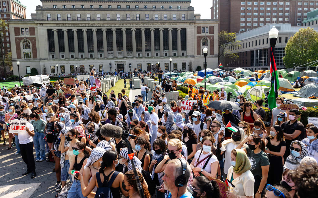 Pro-Palestinian demonstrators hold a short rally after marching around the "Gaza Solidarity Encampment" in the West Lawn of Columbia University on 29 April, 2024 in New York City.