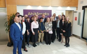 Shane Jones with people representing the three successful applicants for money from the Provincial Growth Fund in Hamilton on Wednesday.