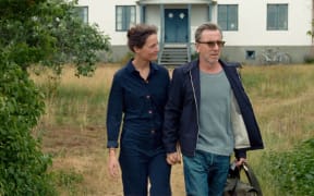 Tim Roth and Vicky Krieps in Bergman Island (2021).