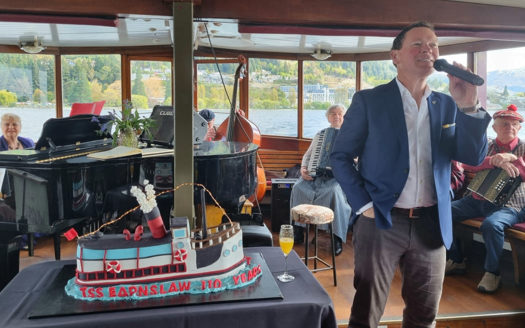 Stephen England-Hall on the celebratory excursion was held for the 110th birthday of the TSS Earnslaw, on Queenstown's Lake Whakatipu.