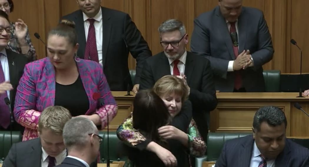MP Clare Curran is congratulated by fellow MPs after her valedictory speech on Tuesday.