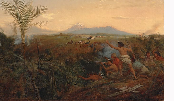 'View of Mt Egmont, Taranaki, New Zealand, taken from New Plymouth, with Maoris driving off settlers’ cattle'.