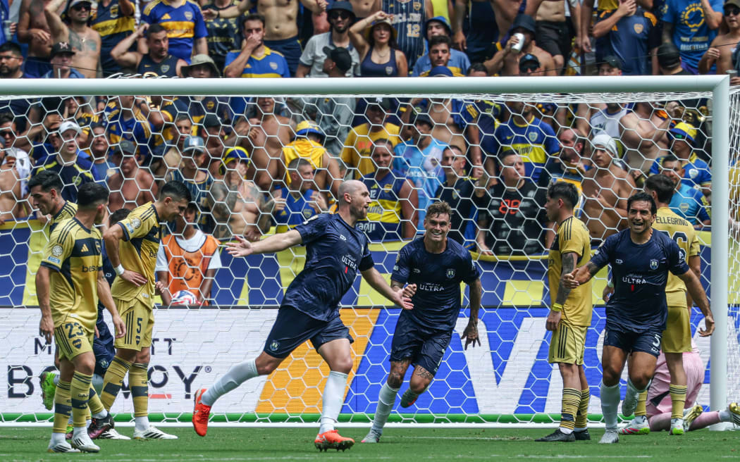 Auckland City FC's Christian Gray scores and celebrates his goal against Boca Juniors at the 2025 FIFA Club World Cup.