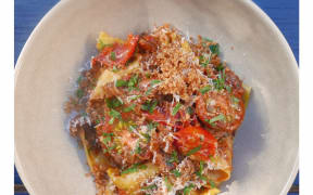 Braised rabbit pappardelle with tomatoes & leek by Dariush Lolaiy