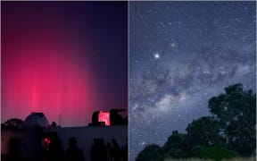 Left: Auckland's Stardome Observatory during the May aurora. Right: Maungakiekie starry night.