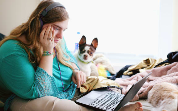 Young woman studying laptop with the assistance of a small dog
