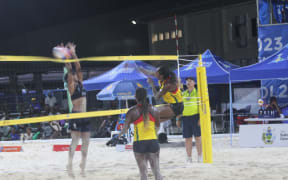 Vanuatu women's beach volleyball team against Fiji at the 2023 Pacific Games in Honiara, Solomon Islands.
