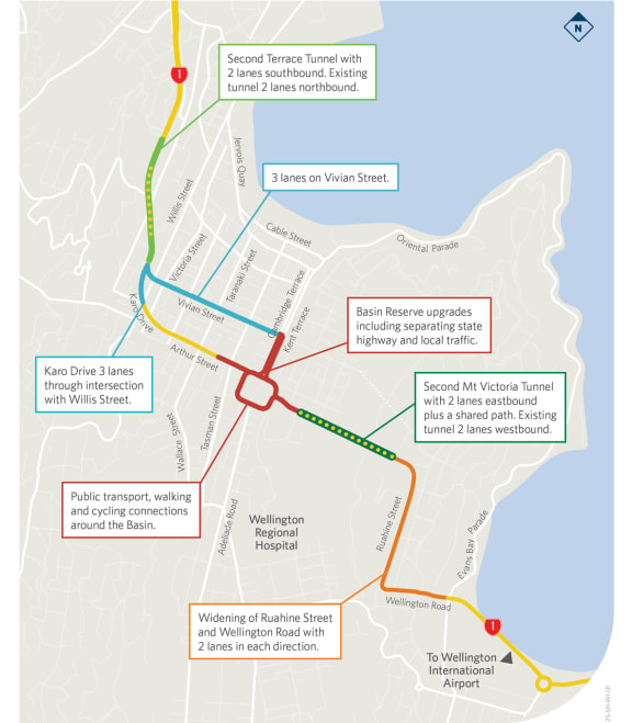 A map of proposed changes to central Wellington roads and tunnels.